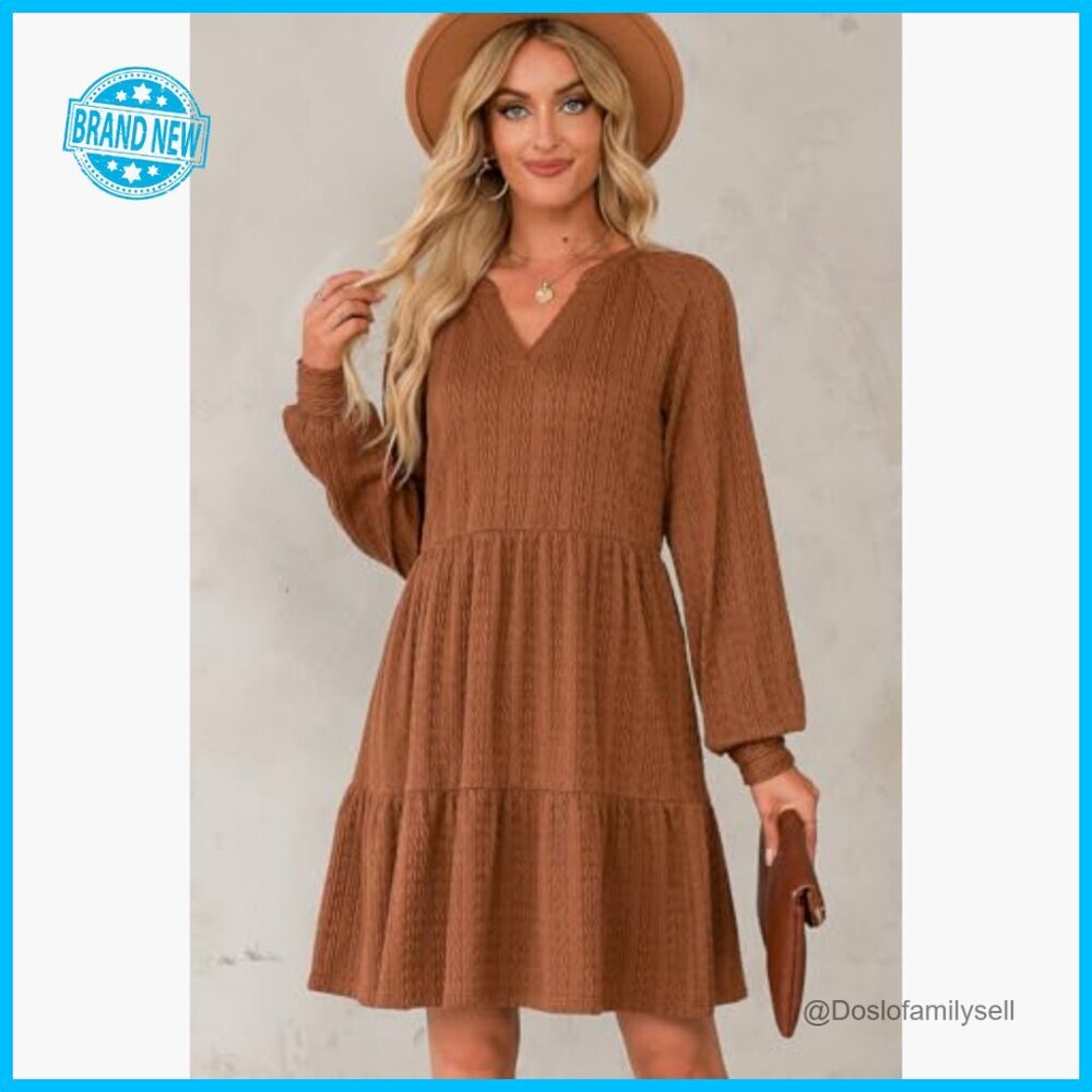 Long Sleeve V Neck Tiered Ruffle A-Line Mini Babydoll Dress Casual Chic - Picture 2 of 7